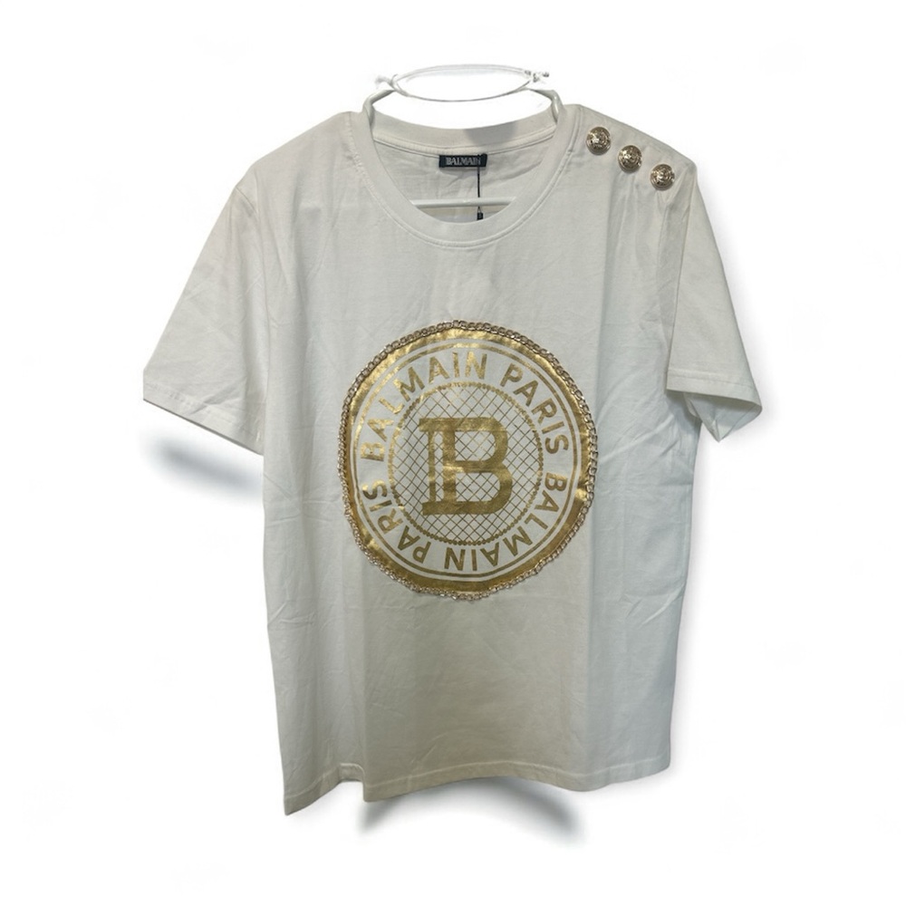 Balmain Paris Metallic Logo On Front & Gold Metal Button On Shoulder -L(53cm)
